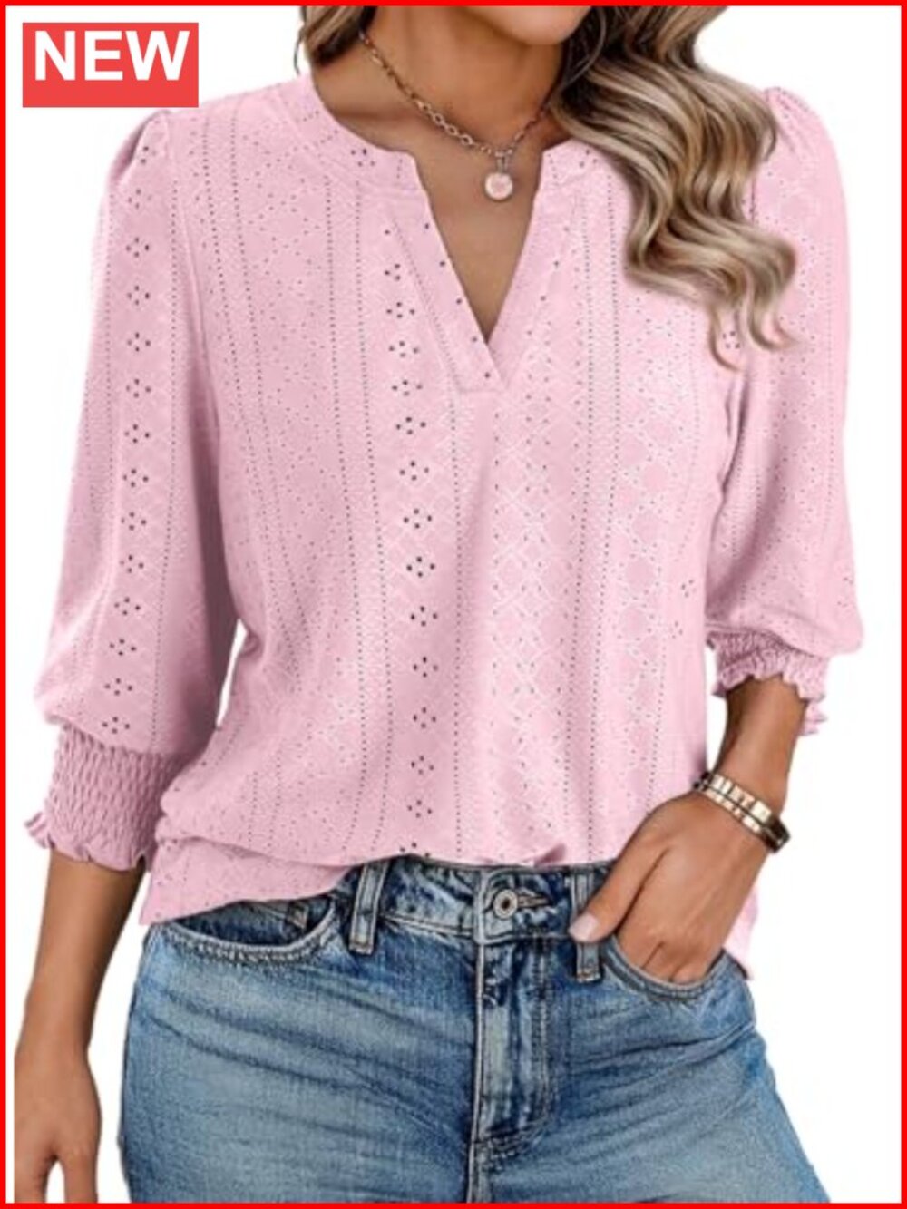 Women's Hollow Out 3/4 Sleeve V-Neck Blouse Top
